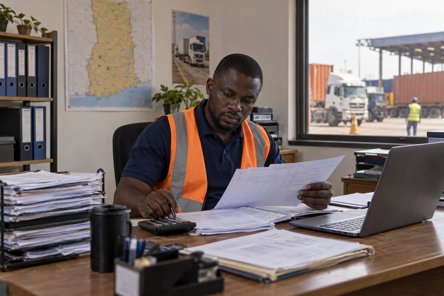 A Ghanaian Agent reviewing printed statements, a calculator and organised receipts.