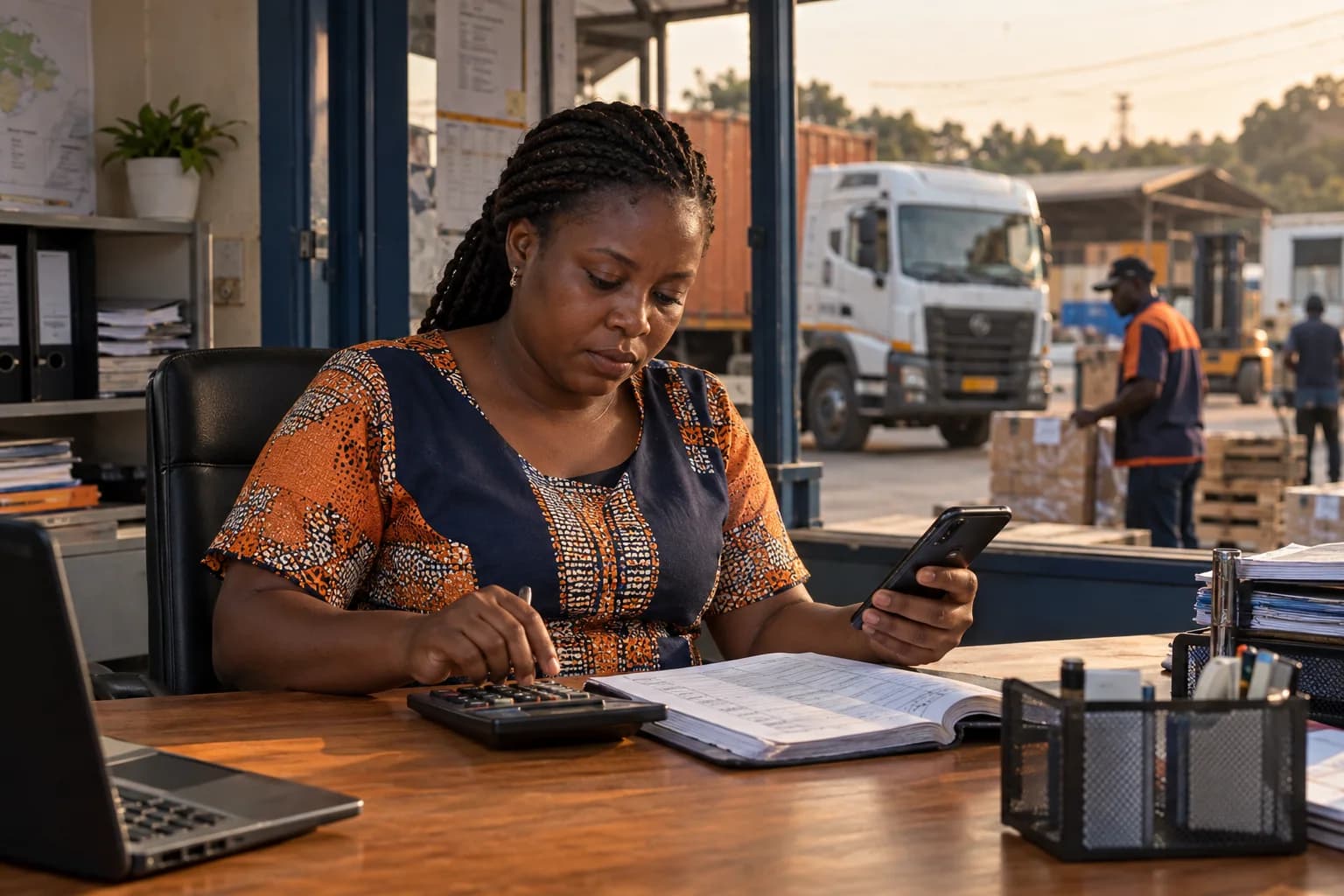 A Ghanaian agent checking a calculator and receipt book at a small business desk.