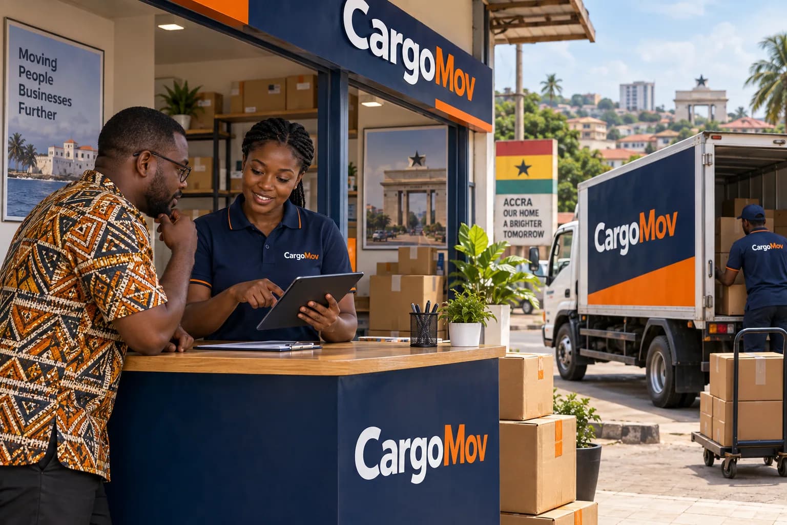 Ghanaian CargoMov Agent helping a customer book a delivery at a navy-and-orange counter, with CargoMov wording on the storefront and boxed truck outside.