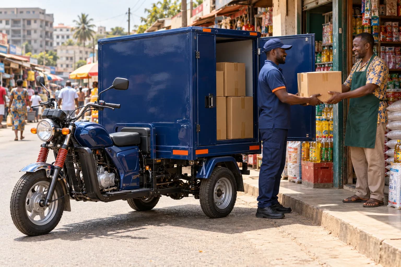 Boxed Aboboyaa cargo tricycle driver handing a sealed delivery to a Ghanaian shop owner
