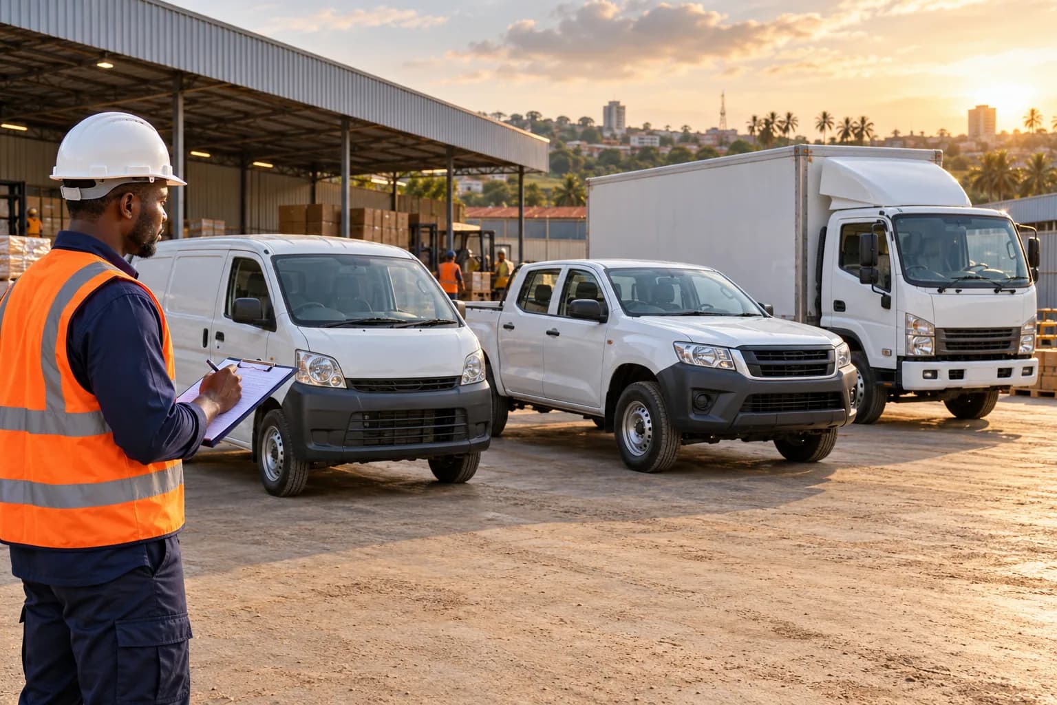 Logistics supervisor comparing a cargo van, pickup and box truck at a Ghana delivery depot