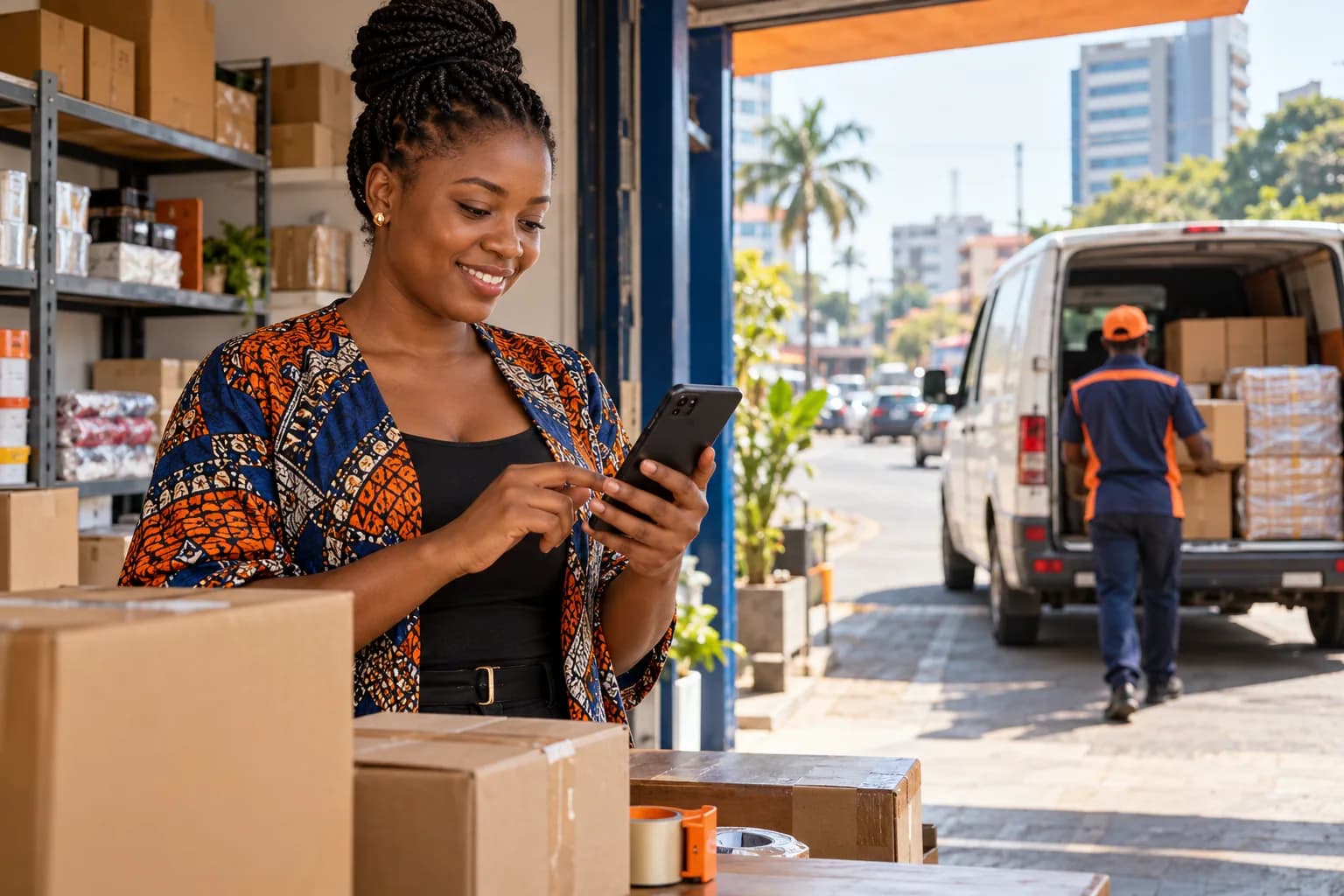 Ghanaian shop owner managing a cargo delivery on a smartphone as a loaded van departs