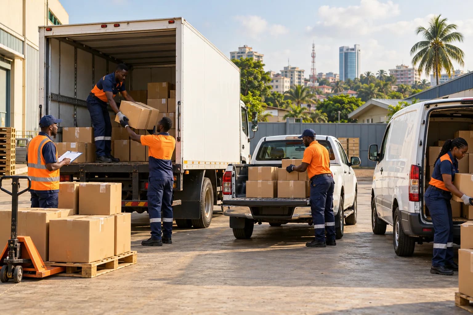 Ghanaian logistics workers loading a box truck, pickup and cargo van at an Accra delivery yard