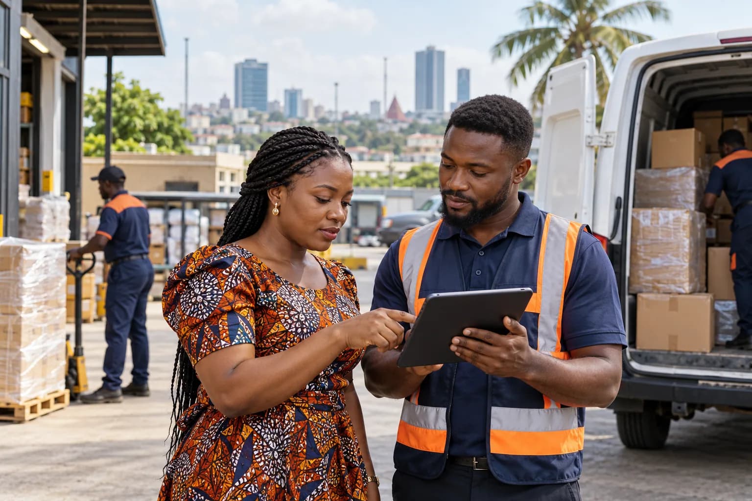 Ghanaian business owner reviewing a cargo delivery quote with a logistics coordinator beside a loaded van