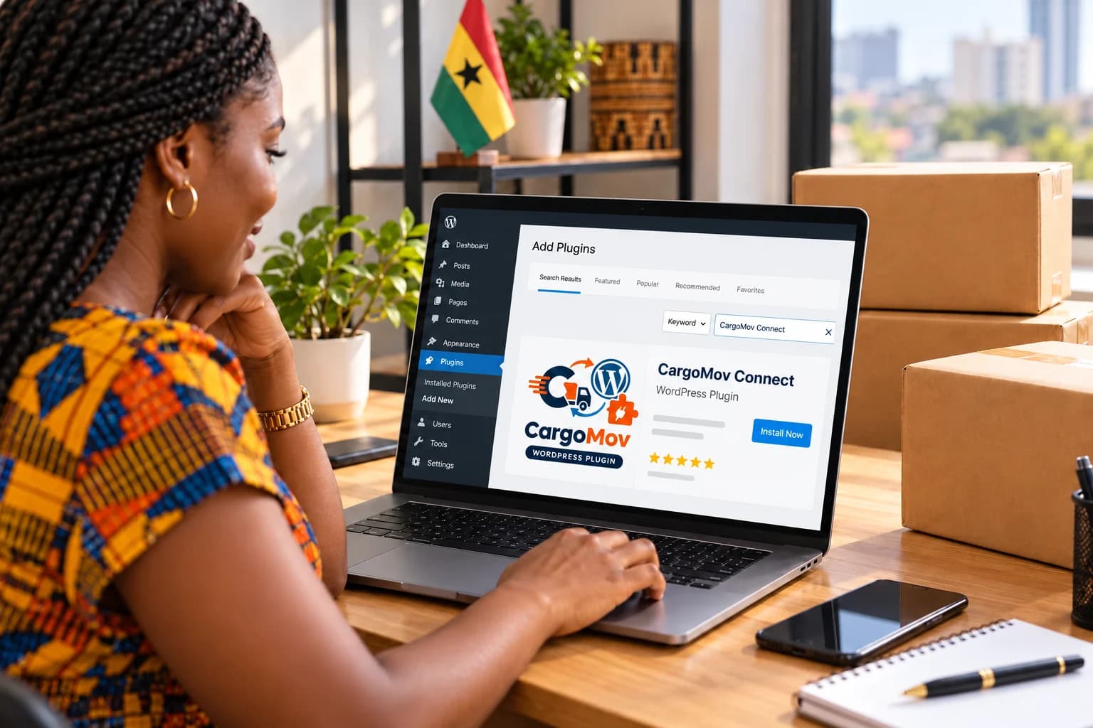 Ghanaian online store owner installing the CargoMov Connect delivery plugin from a WordPress dashboard