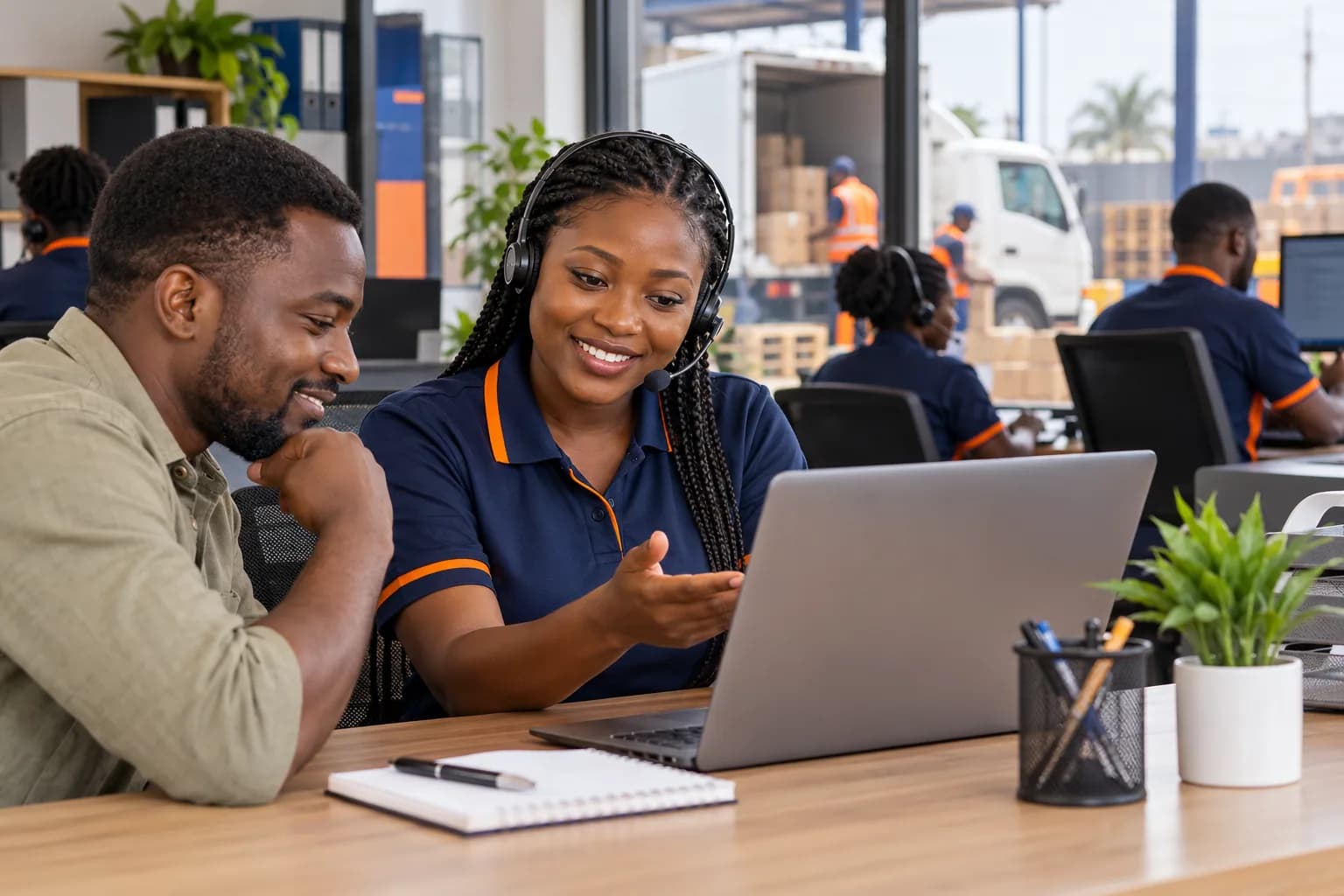 Cargo delivery support professional helping a Ghanaian customer with a booking in a logistics office
