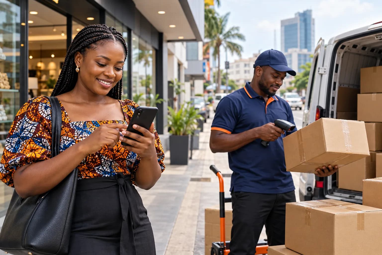 Ghanaian customer booking cargo delivery online while a driver scans a parcel beside a delivery van