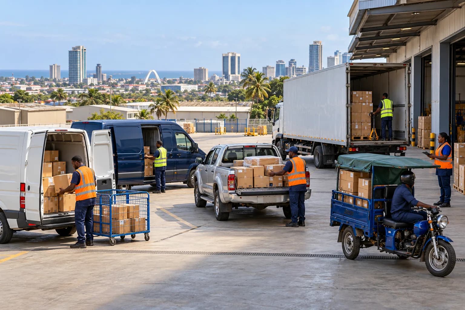 Multiple unbranded vans, pickup, box truck and cargo tricycle preparing for dispatch at a Ghana logistics hub