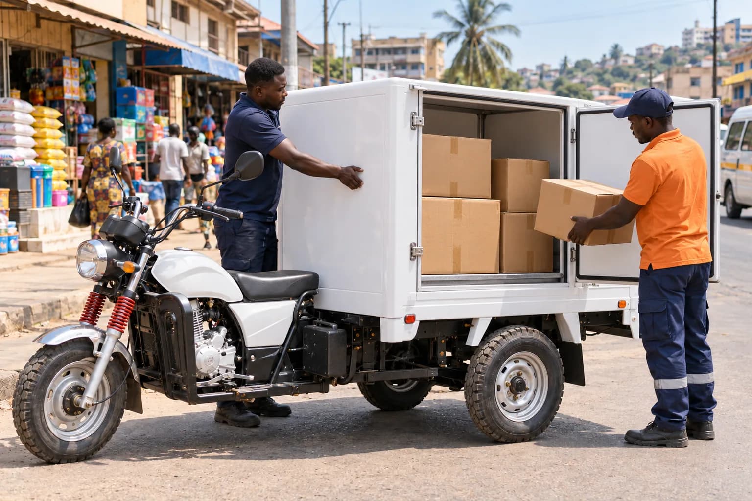Workers loading cartons into a covered white cargo tricycle on an Accra commercial street