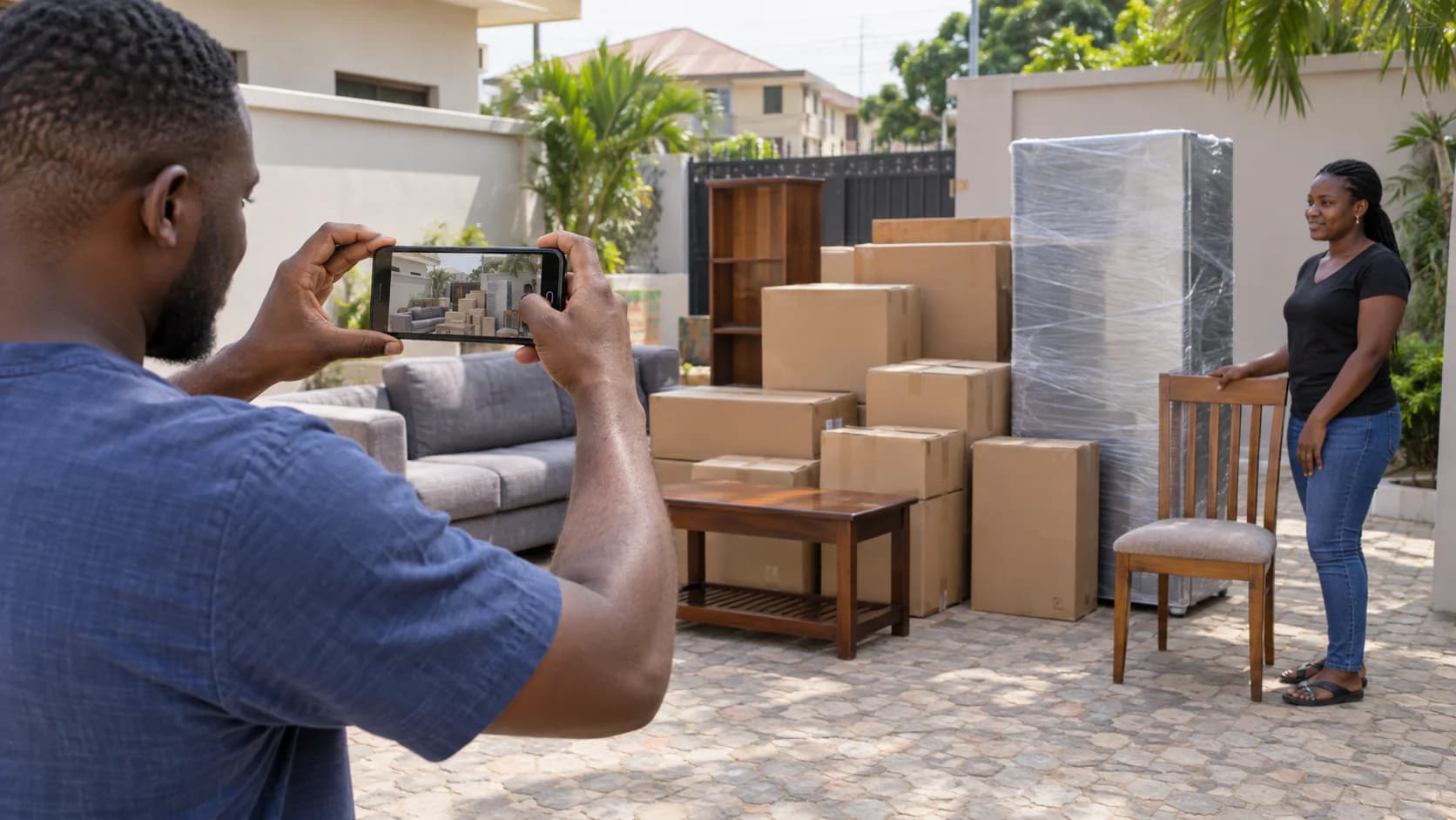 Ghanaian customer taking clear phone photos of furniture, cartons and an appliance before booking a cargo truck.