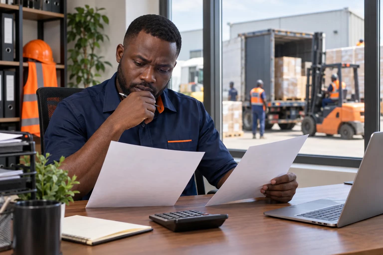 Ghanaian small-business procurement manager comparing two unbranded paper delivery quotations and a calculator at a clean office desk overlooking a loading yard, thoughtful candid documentary photograph, no readable text.