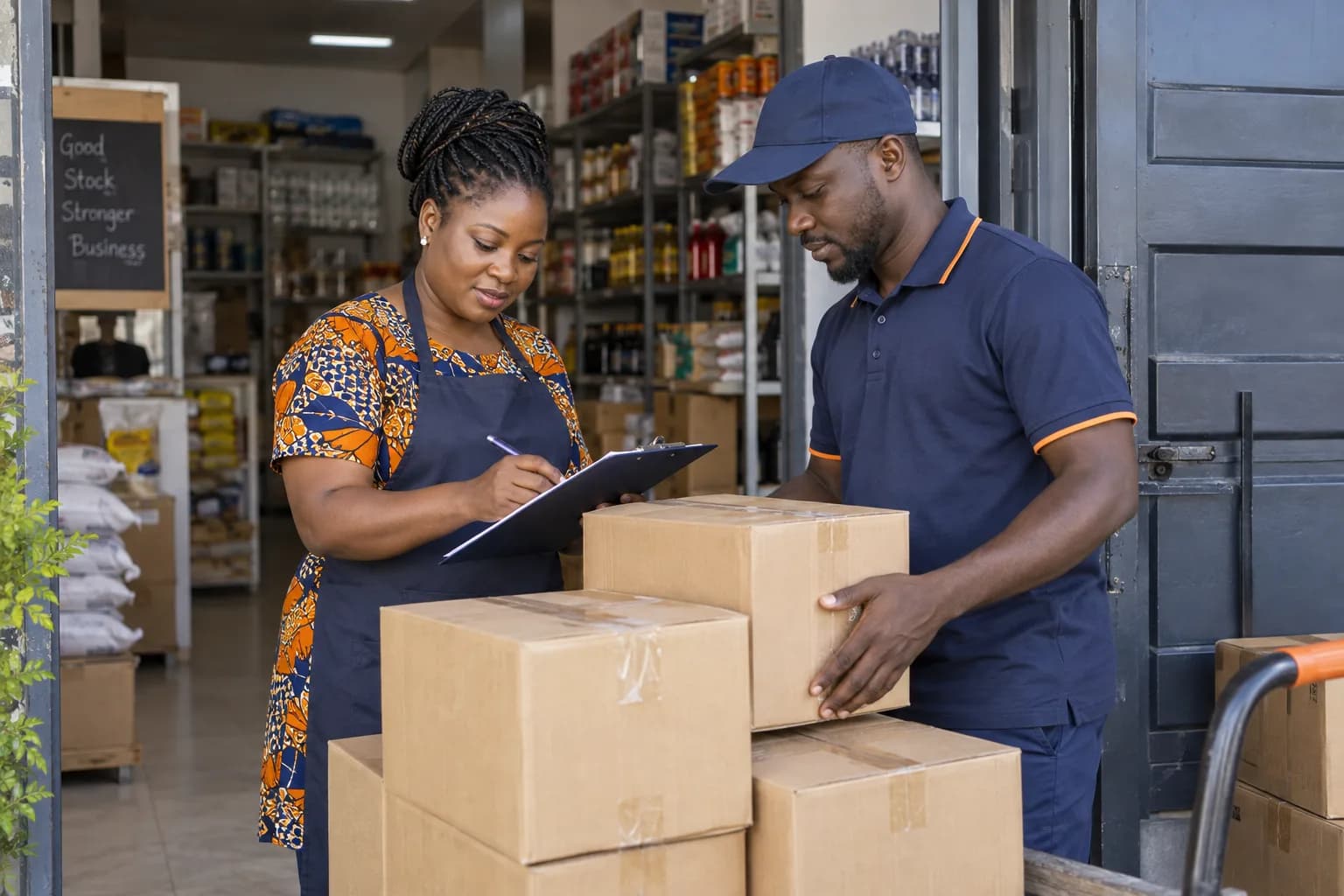 Ghanaian woman business owner and delivery driver counting sealed cartons together against a clipboard at a retail stockroom doorway, organised receiving area, calm professional interaction.