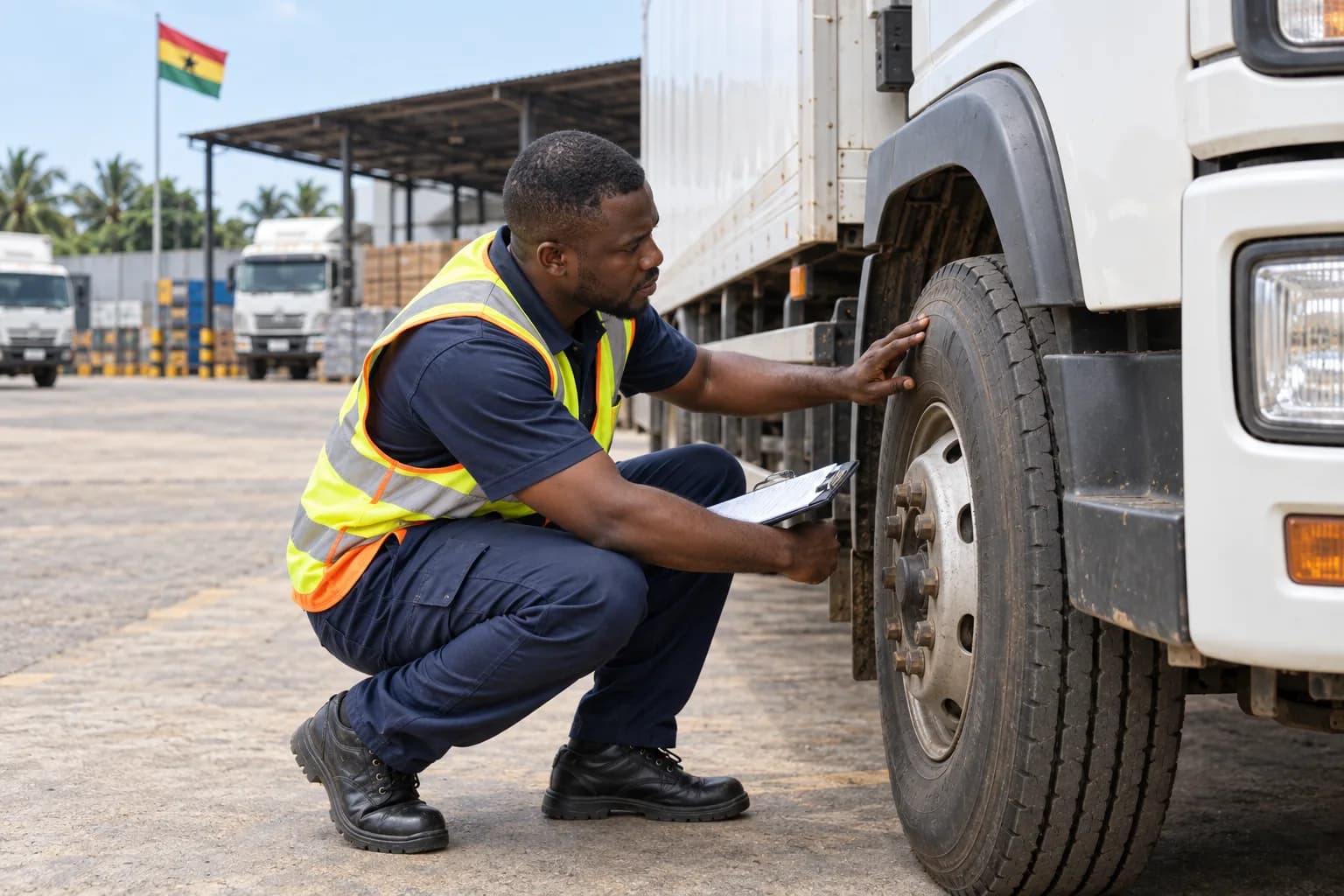 Ghanaian truck driver wearing reflective vest checking tyre tread and wheel condition on a stationary white box truck in a safe depot, clipboard nearby, parked vehicle engine off, daylight.
