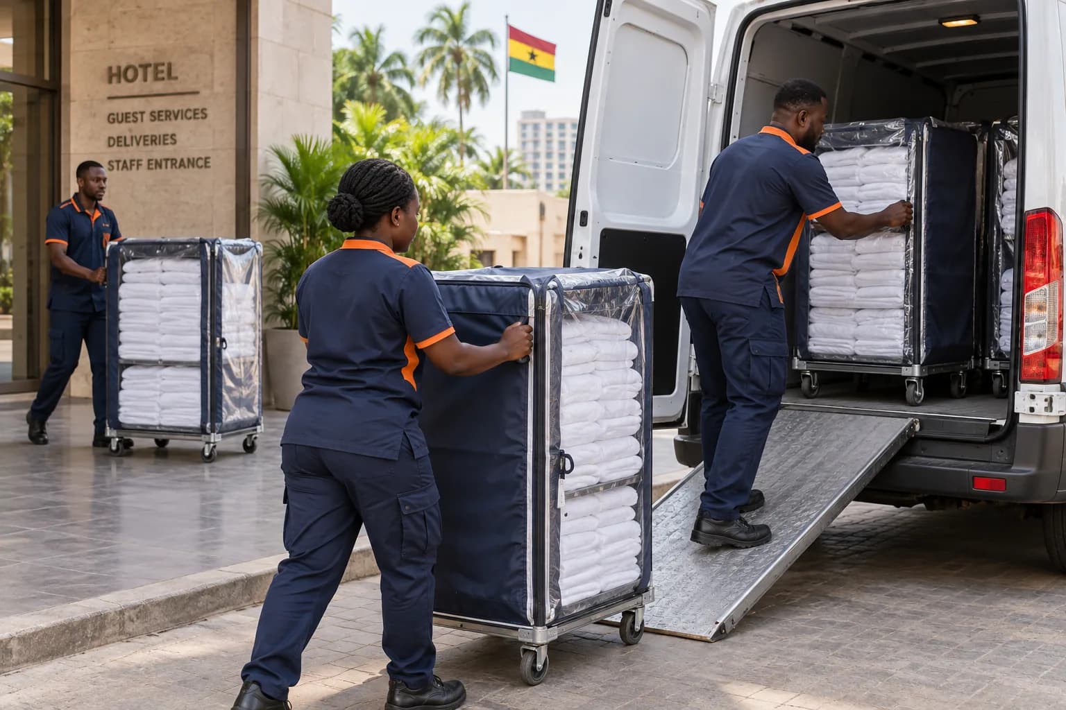Ghanaian hotel logistics staff loading fully enclosed clean linen carts into a clean delivery van at a hotel service entrance in Accra, tidy white linen inside closed clear protective bags, professional hygiene-focused scene.