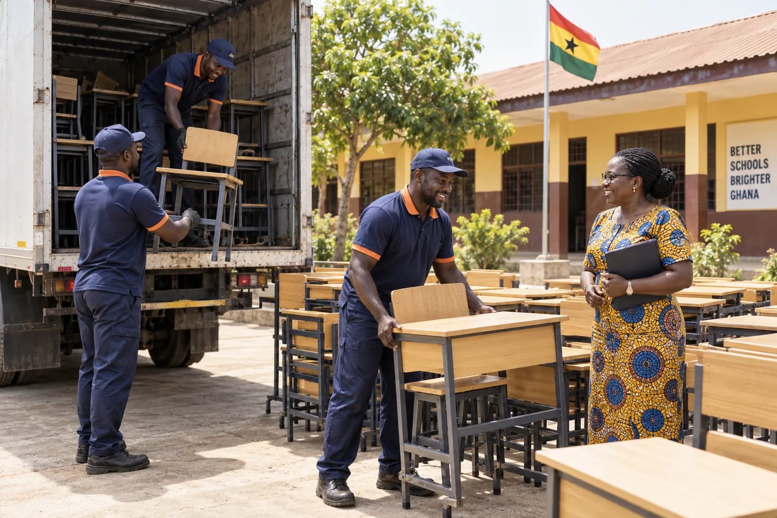 Ghanaian school administrator and delivery team receive neatly stacked classroom desks and chairs from a parked box truck in a tidy school courtyard, no children, warm natural daylight.