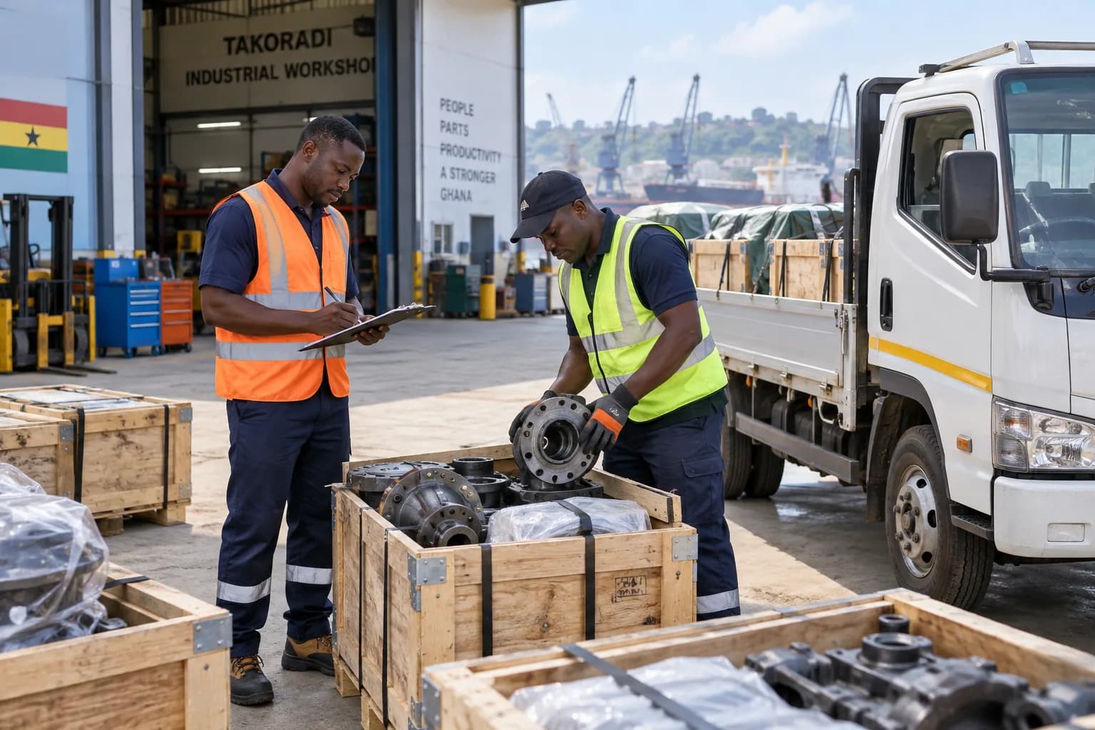 Ghanaian industrial storekeeper and driver checking securely crated mechanical spare parts beside a parked light truck at a clean Takoradi industrial workshop, safety boots and reflective vests, no oil spills.