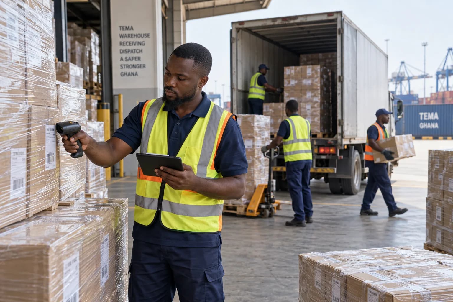 Ghanaian warehouse manager scanning labelled cartons on orderly wrapped pallets during a warehouse transfer in Tema, parked box truck at loading dock, workers in reflective vests.