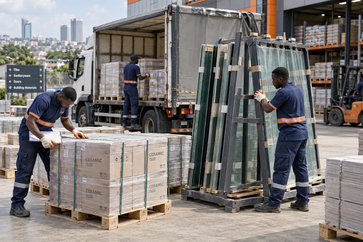 Ghanaian warehouse workers in safety gloves check boxed ceramic tiles secured on pallets and glass panes in a proper padded A-frame rack beside a stationary delivery truck, modern Accra building-supplies yard.