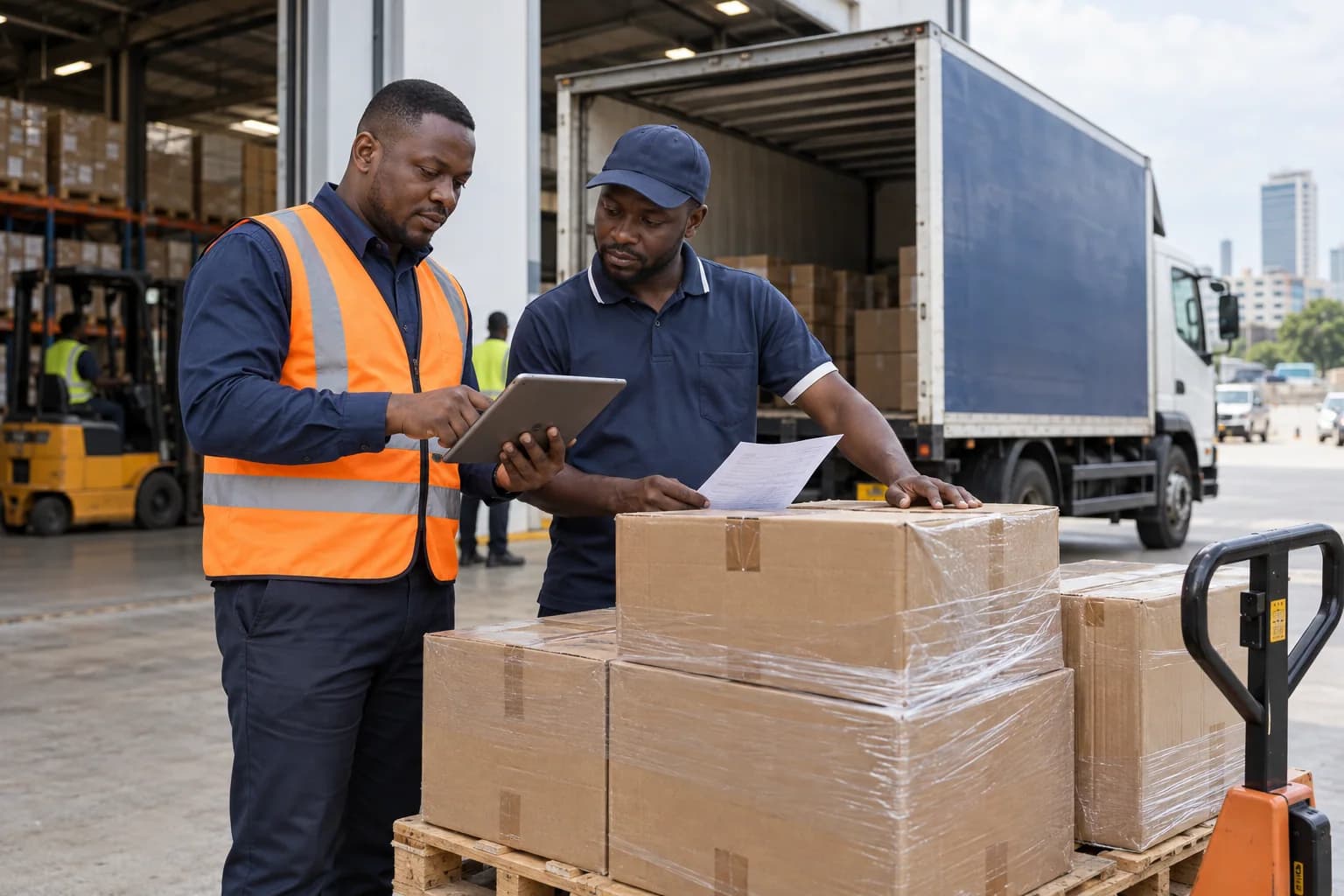 A warehouse receiver checking a tablet and counted cartons with a delivery driver.