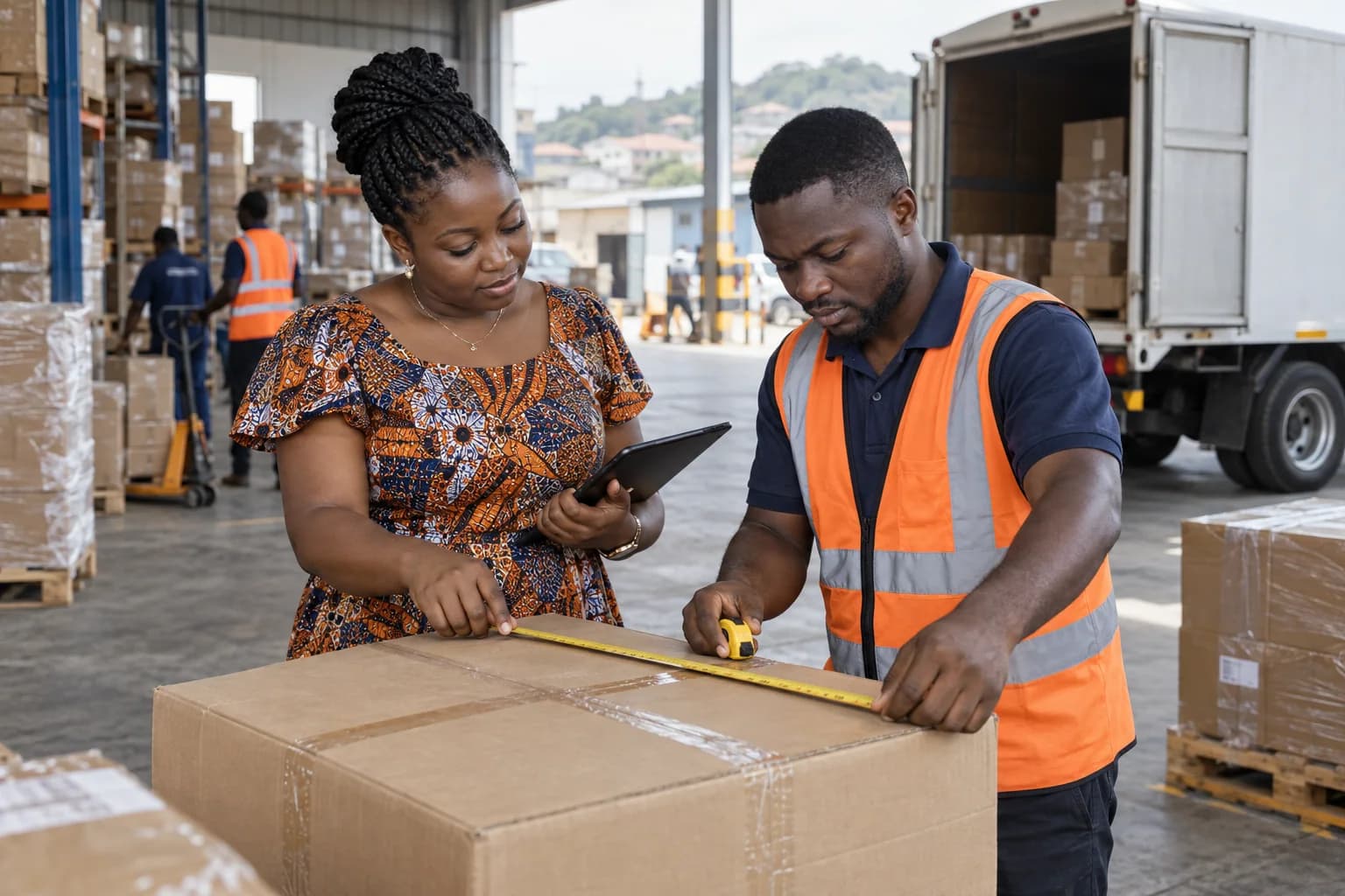 A business owner and warehouse worker measuring a packed carton with a tape measure.