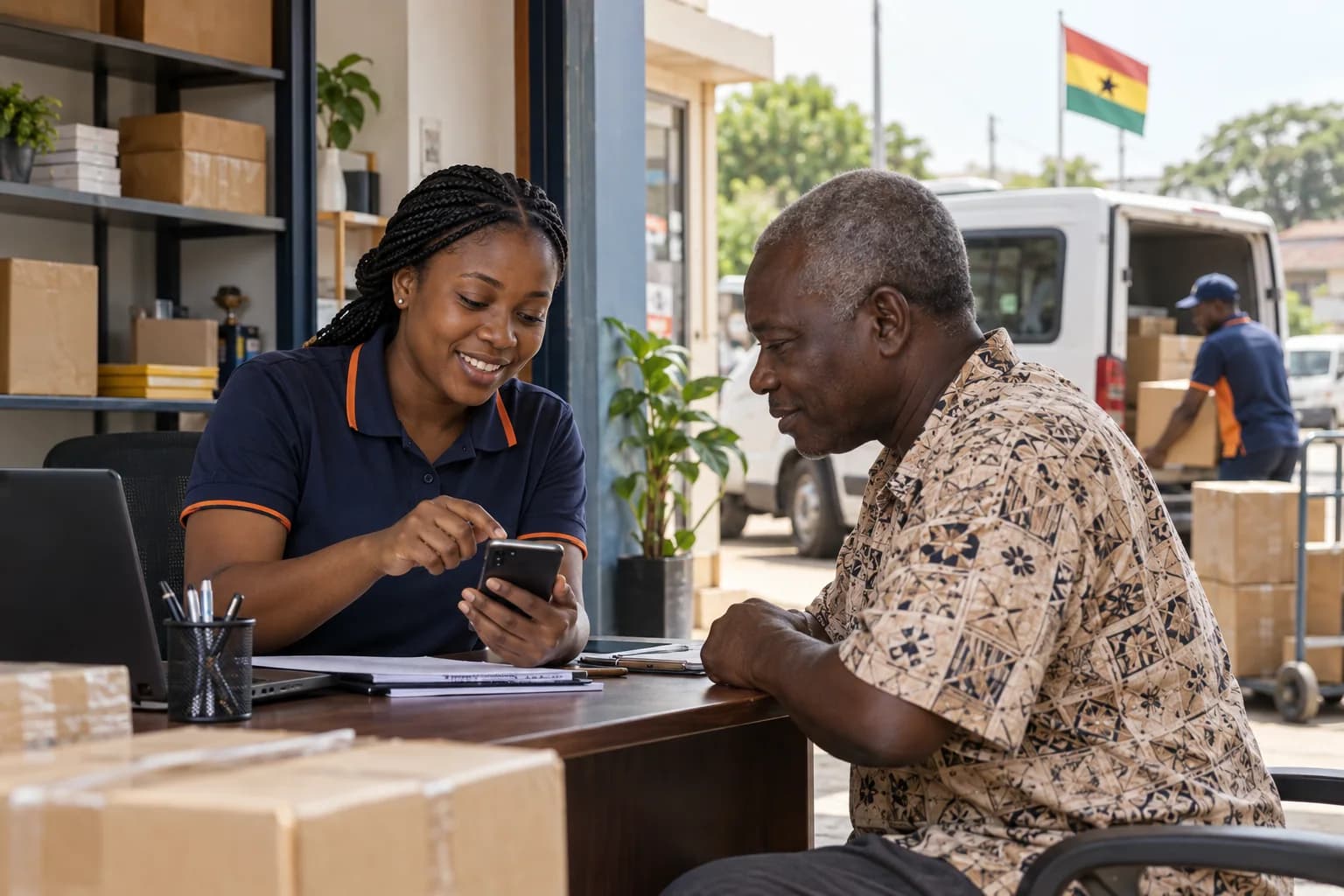 A local booking agent helping a customer coordinate a cargo delivery on a phone.