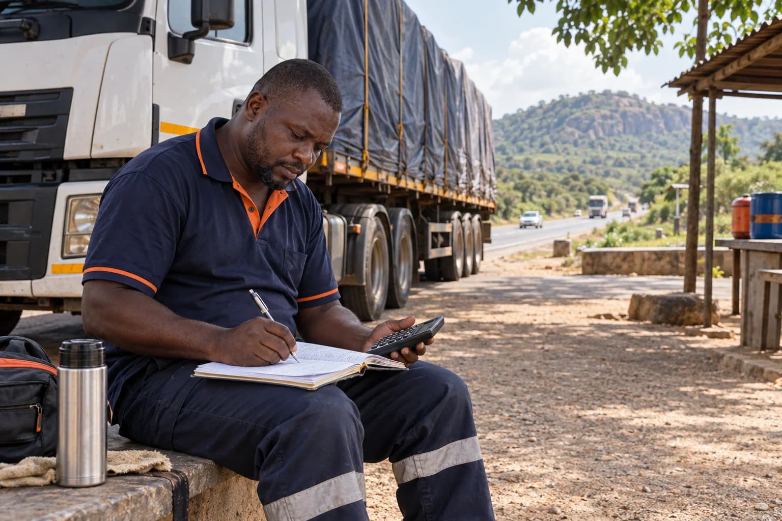 A parked truck driver reviewing a notebook and calculator beside his vehicle.