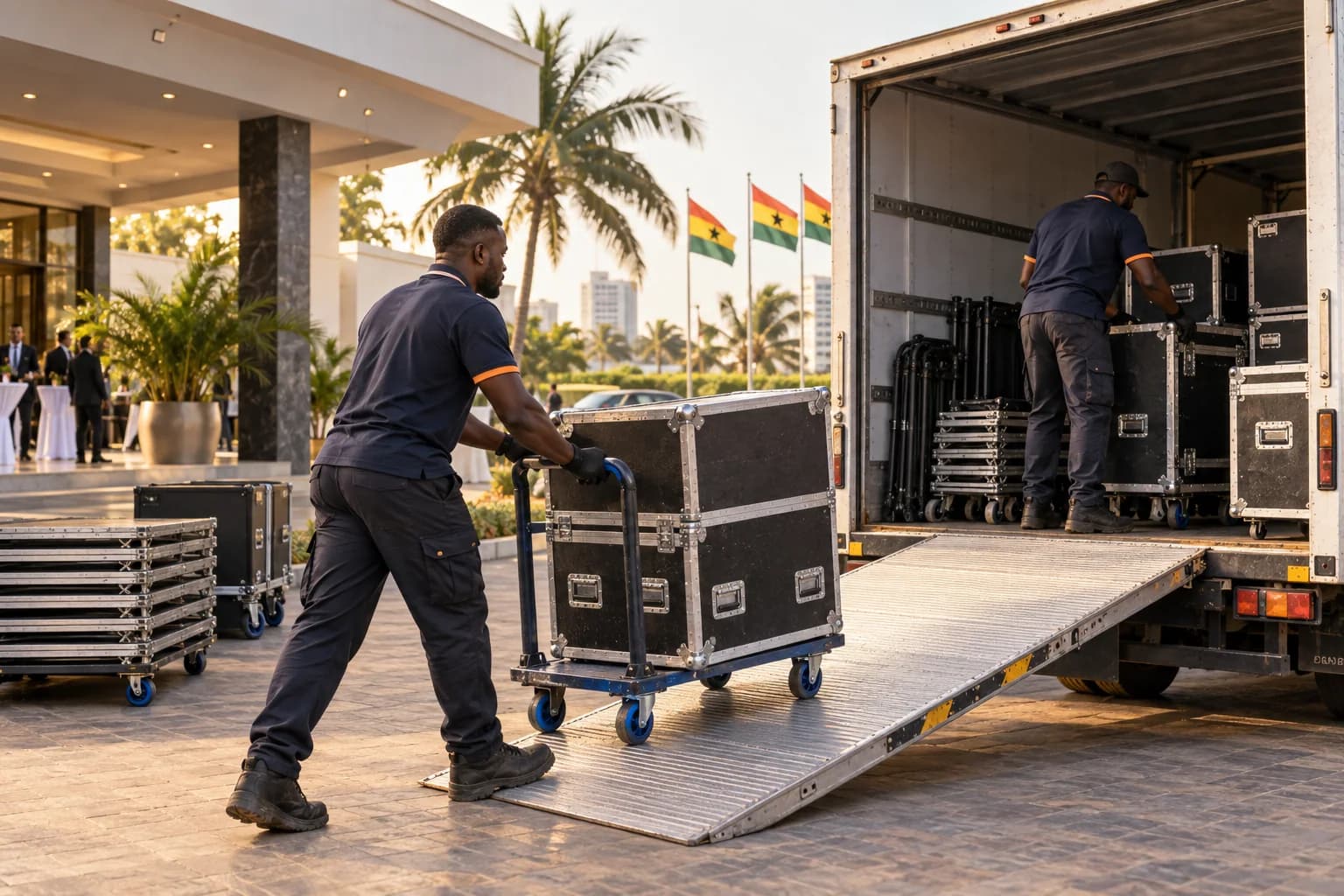 An event crew loading protective equipment cases into a truck at a Ghanaian venue.