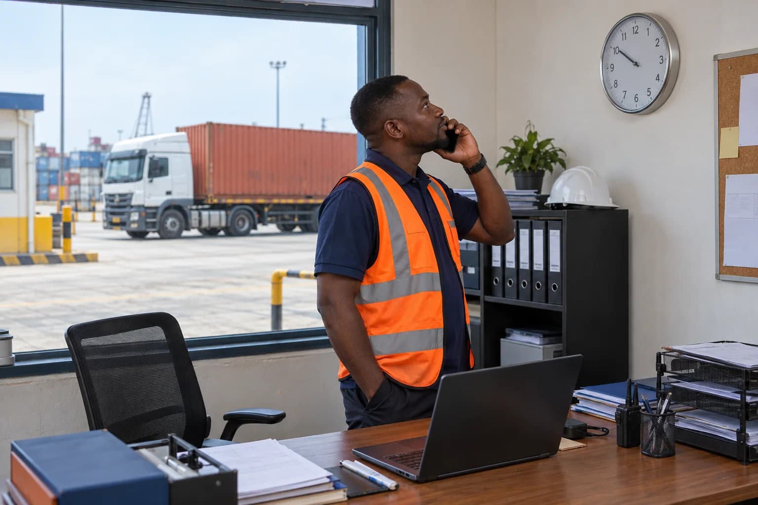 A freight coordinator checking a clock during a phone call while a truck waits outside.
