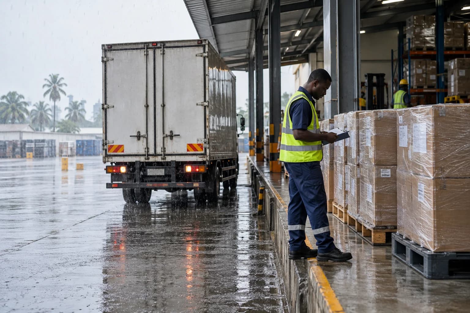 Dry palletised cartons under a warehouse awning beside a box truck during heavy rain.
