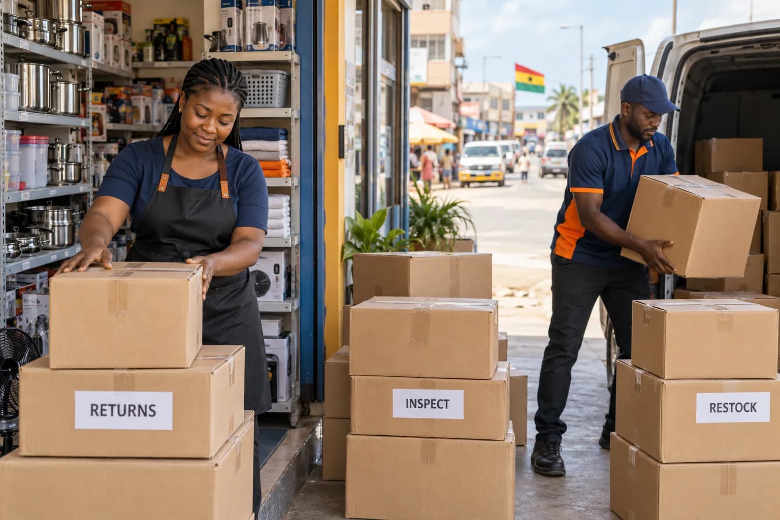 A shop manager and delivery worker sorting returned cartons beside a delivery van.