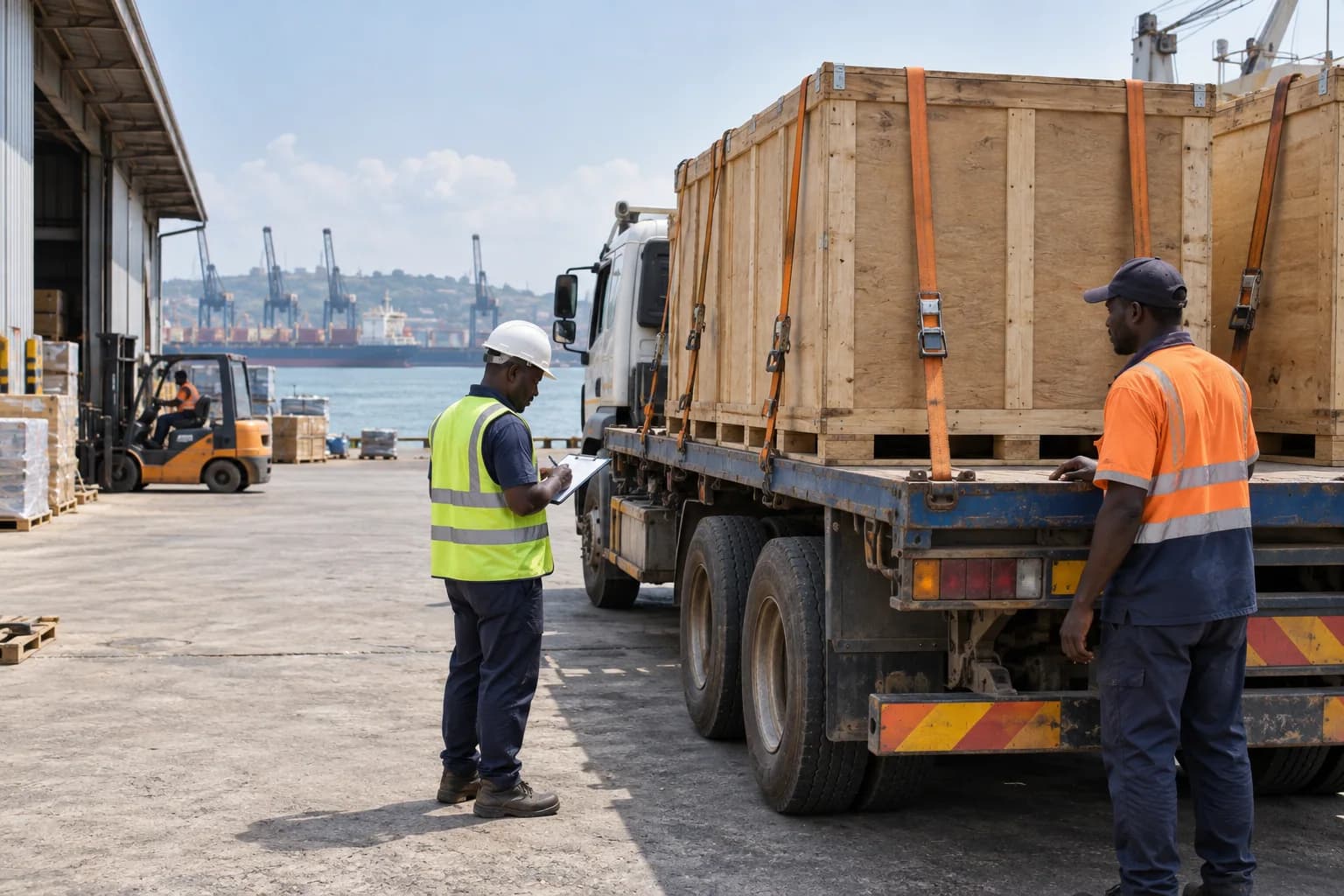 A warehouse receiver and driver checking secured wooden crates beside a truck at a coastal industrial yard.