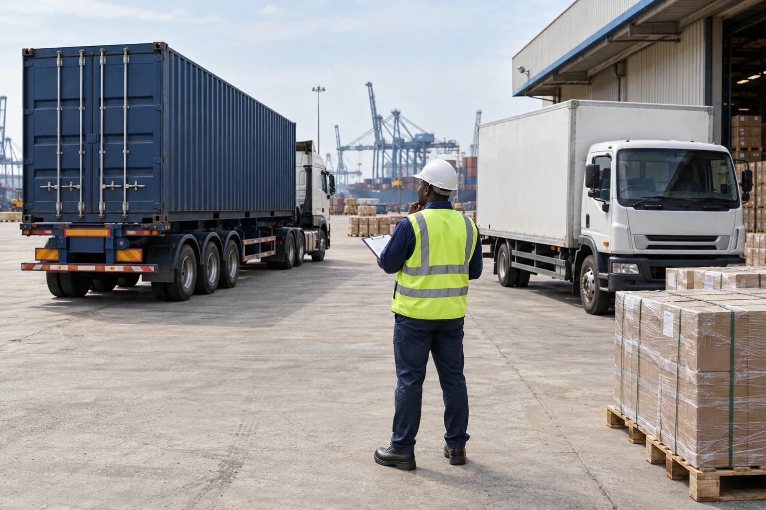 A logistics supervisor comparing a container trailer and a box truck beside palletised goods.