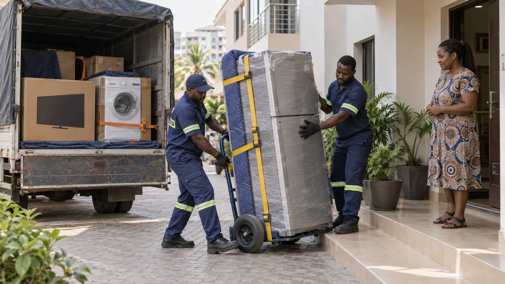 Ghanaian movers using a trolley and straps to deliver a refrigerator, television and washing machine.