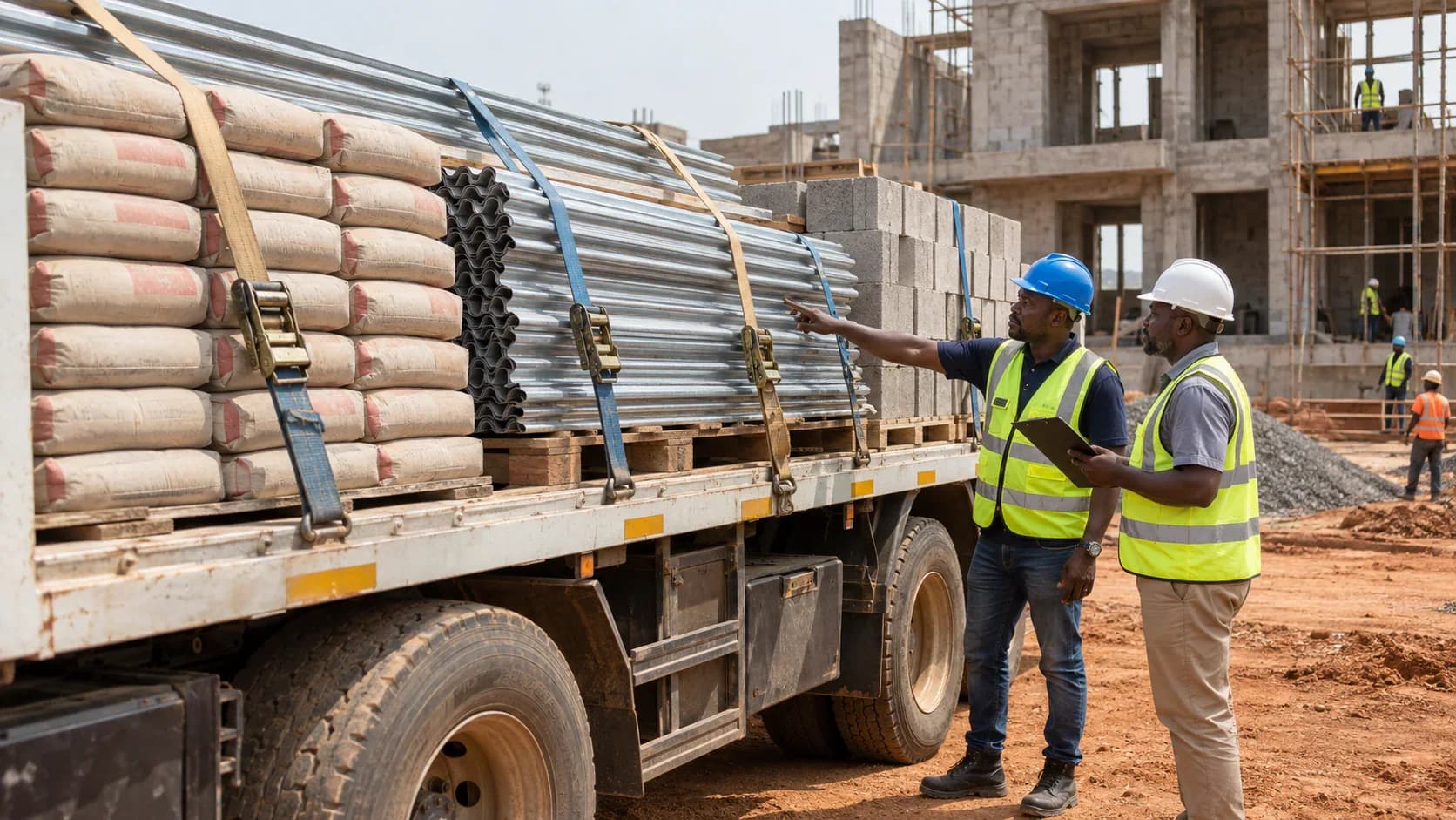 Ghanaian driver and site supervisor checking secured roofing sheets, cement and blocks on a delivery truck.