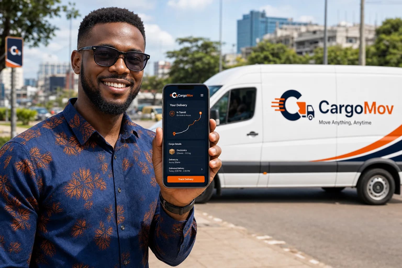 Happy CargoMov customer using the app to track cargo delivery