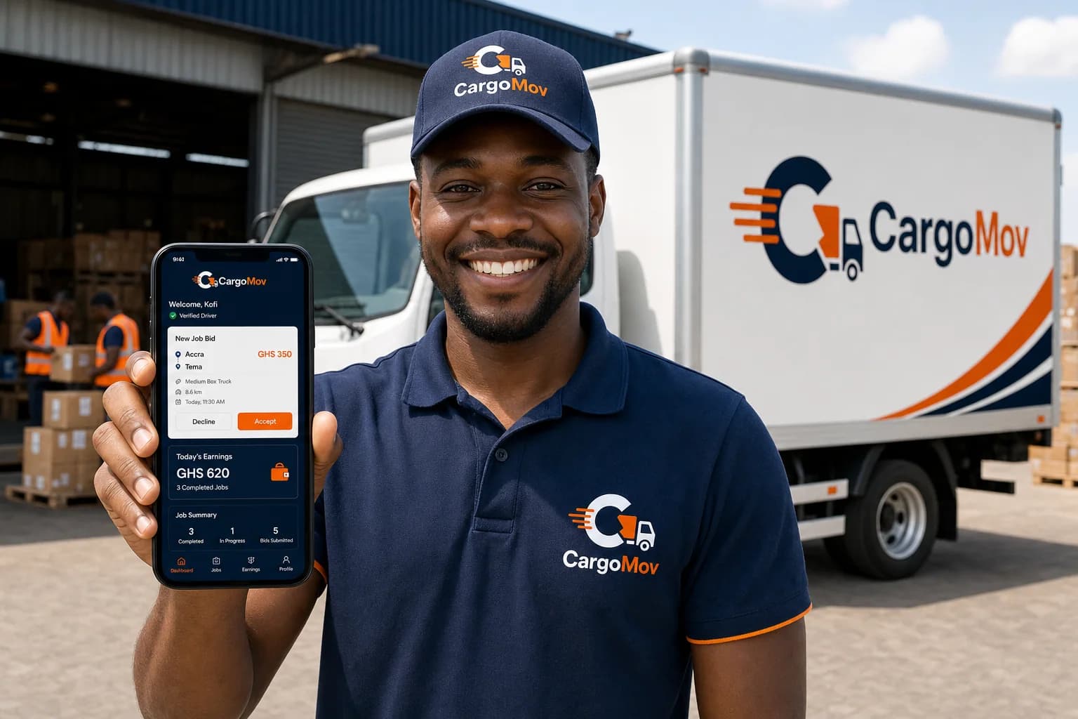 Happy CargoMov driver using the driver app near a cargo vehicle