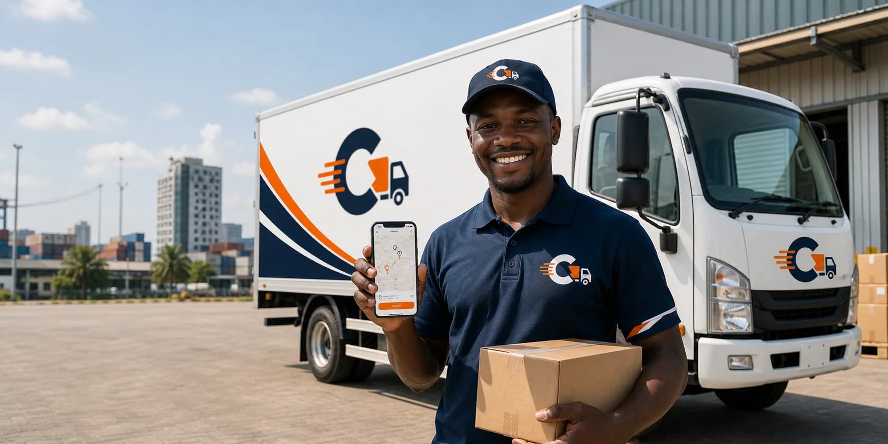 CargoMov driver standing beside a branded delivery truck