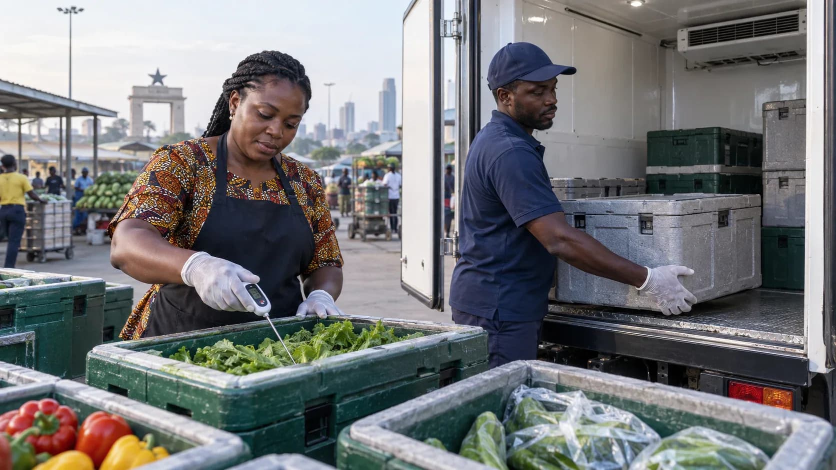 Ghanaian food business owner checking produce temperature while a driver loads insulated crates into a refrigerated truck.