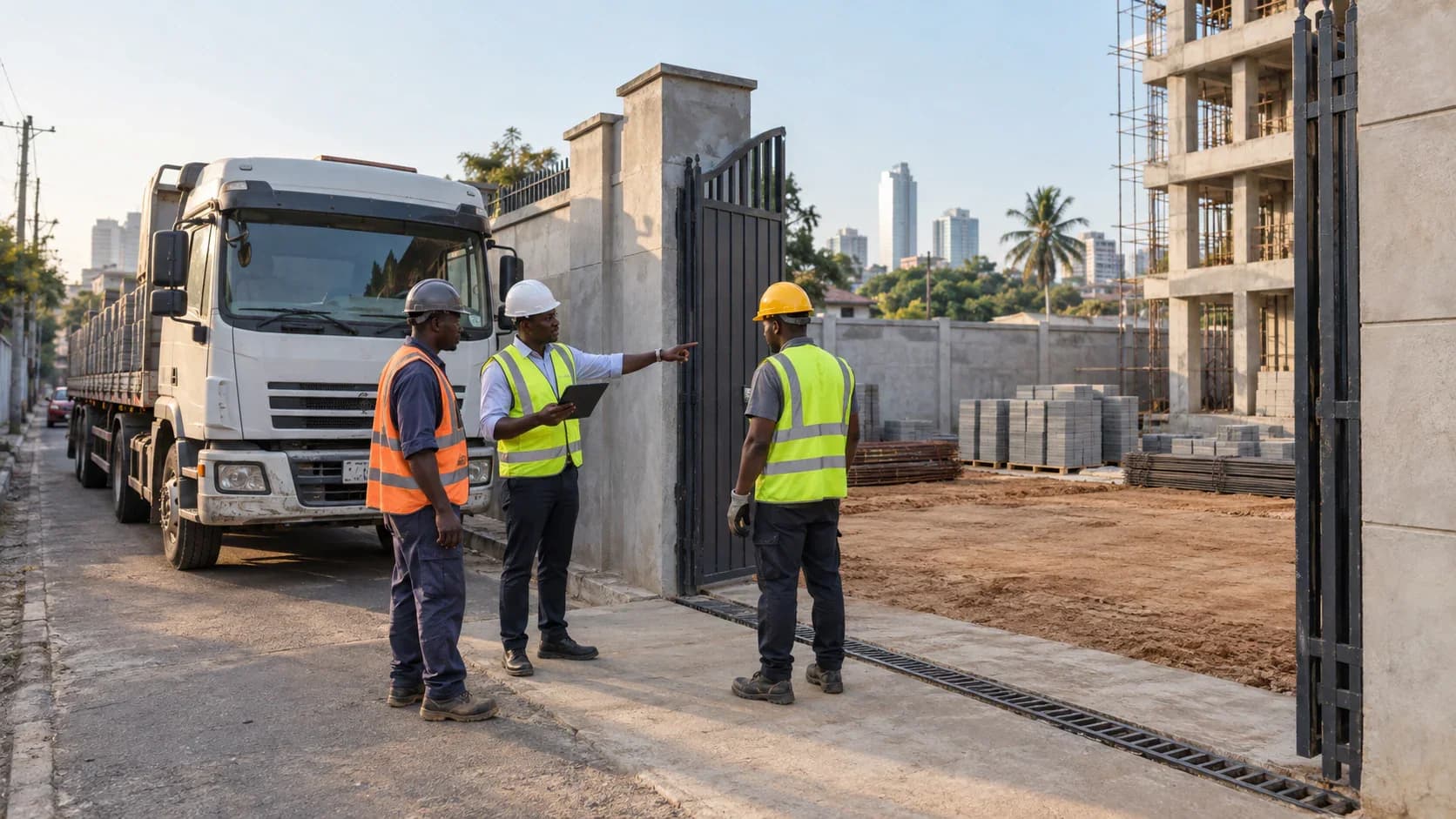 Accra site engineer, driver and banksman reviewing a construction delivery at a gated building site.
