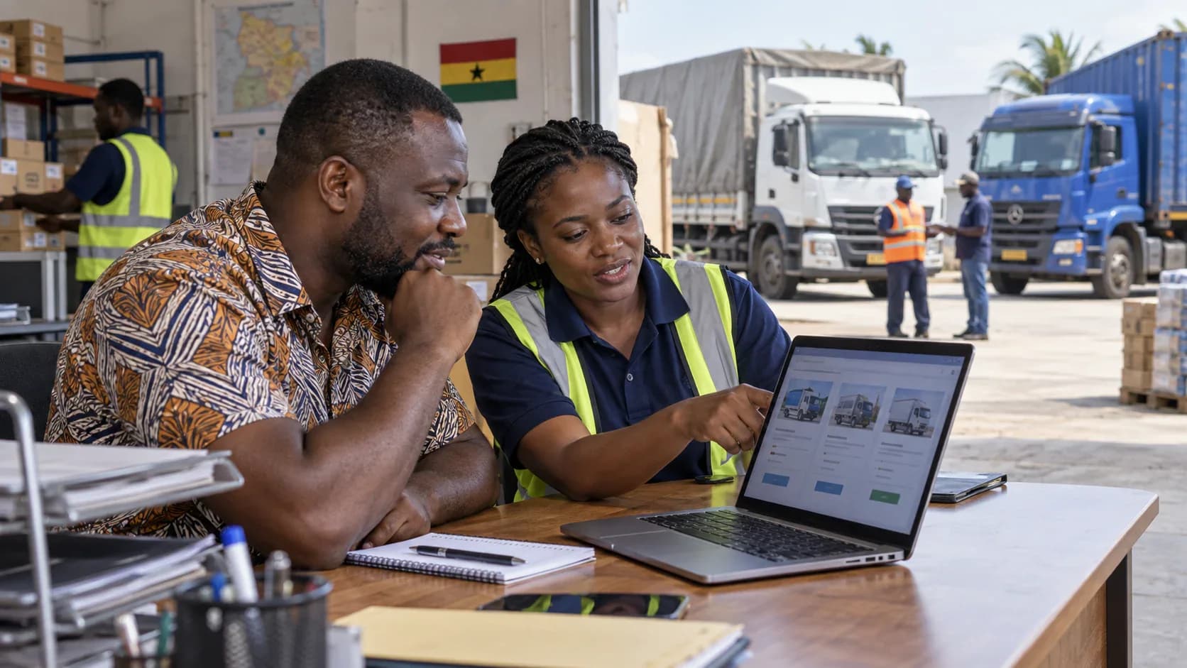 Ghanaian customer comparing cargo driver offers on a laptop while trucks wait at a loading bay.