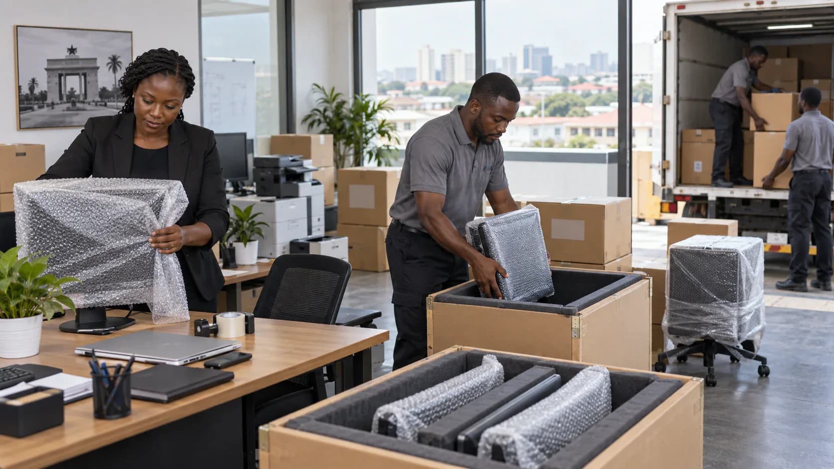 Ghanaian office team safely packing monitors, computers and furniture for relocation into a cargo truck.