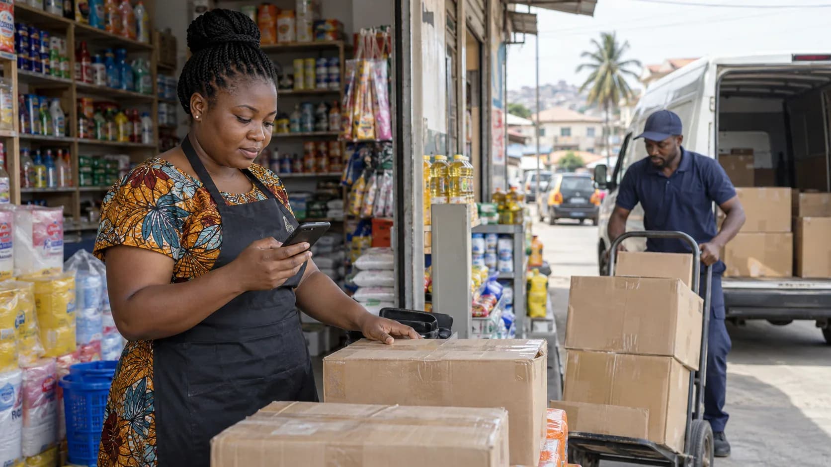 Ghanaian shop owner checking cartons while a cargo driver unloads scheduled retail stock.