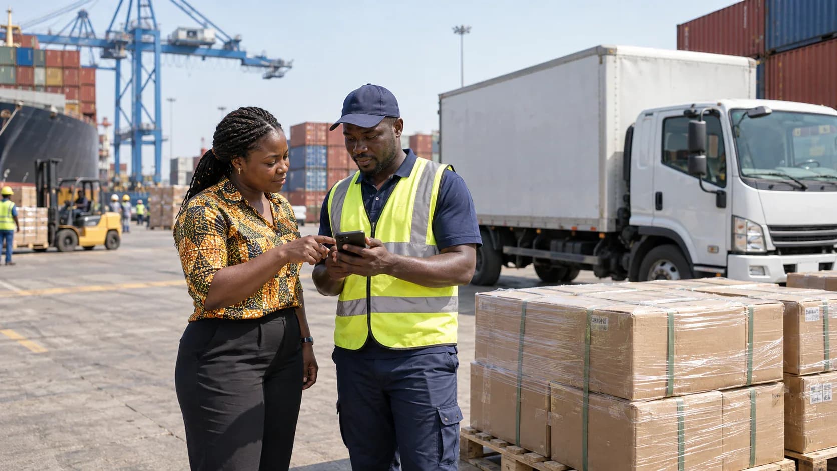 Ghanaian business owner and cargo driver reviewing a pickup checklist beside a truck and containers at Tema Port.