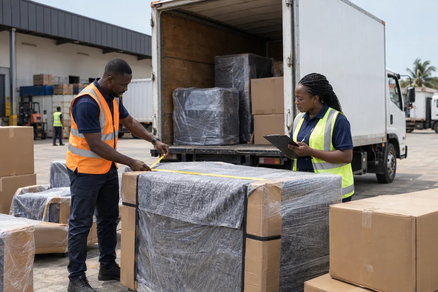 A logistics agent and warehouse supervisor measuring wrapped furniture beside a box truck.