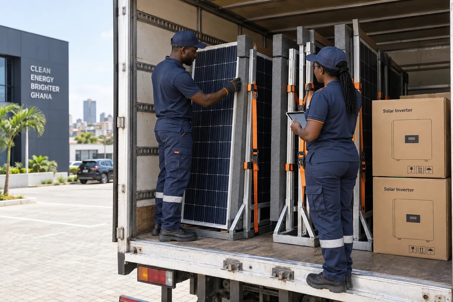 A Ghanaian solar installer and delivery driver inspect solar panels upright in padded transport racks inside a parked box truck, sealed inverter cartons nearby, clean Accra commercial compound. No exposed batteries.